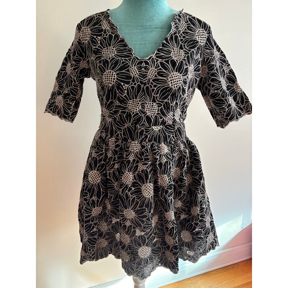 Orsay Black Floral Eyelet Lace Mini Dress V-Neck Scallop Hem Coquette Romancore